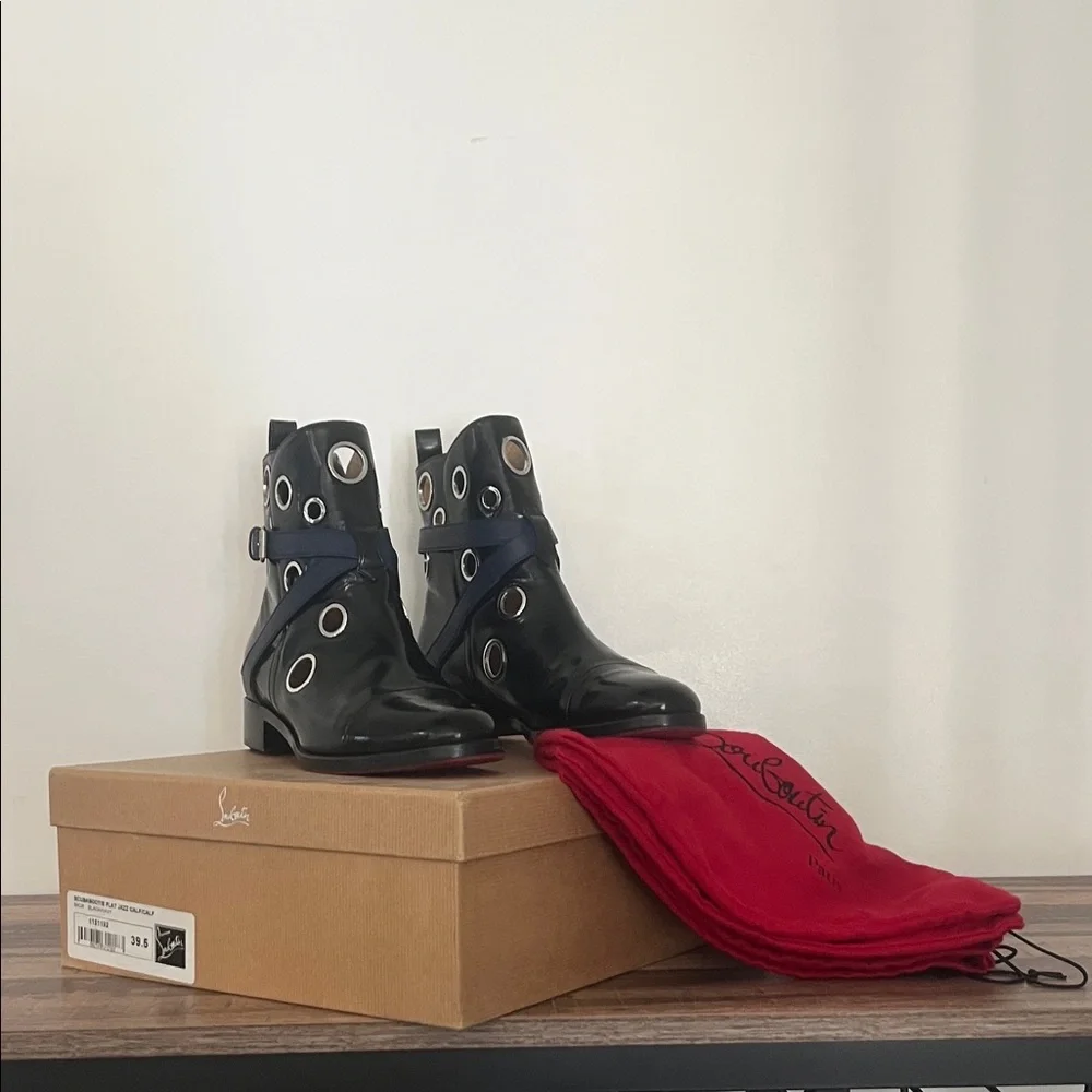 Christian Louboutin Black Patent Leather Eyelet Ankle Boots with Navy Strap